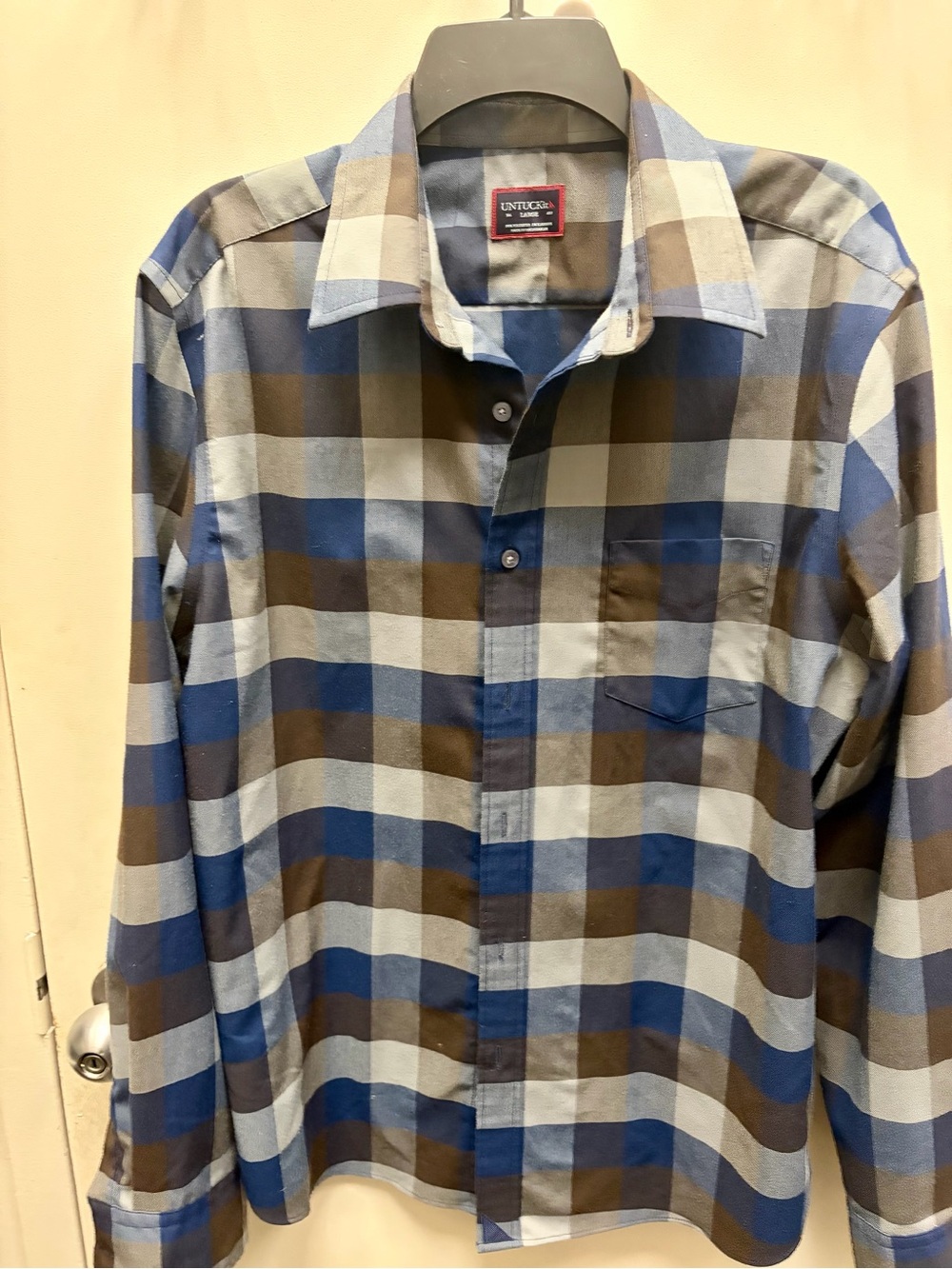 Untuckit Men's Blue & Brown Plaid Button-Down Shirt LARGE
